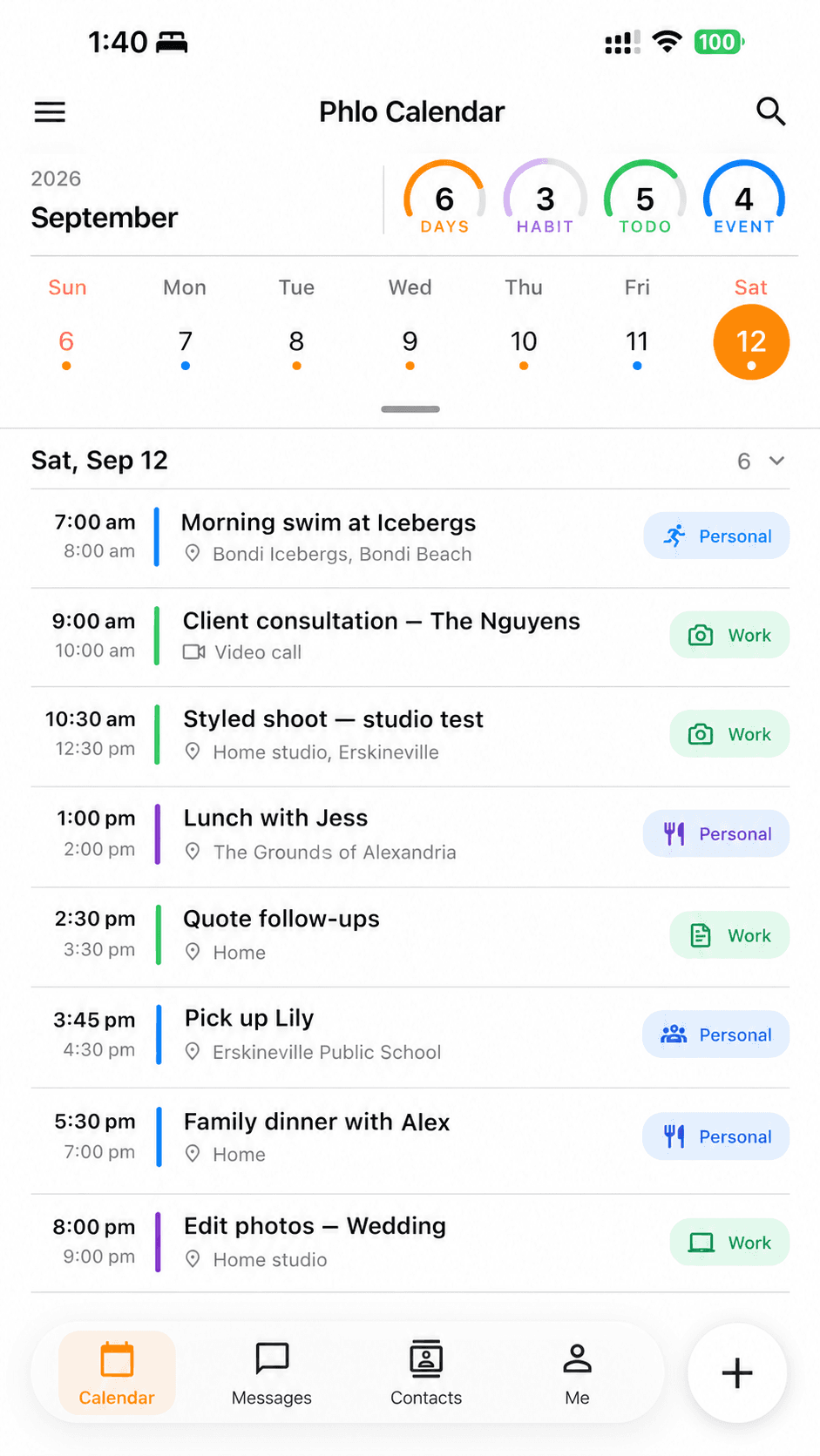 A day mixing personal events and photo jobs on one calendar