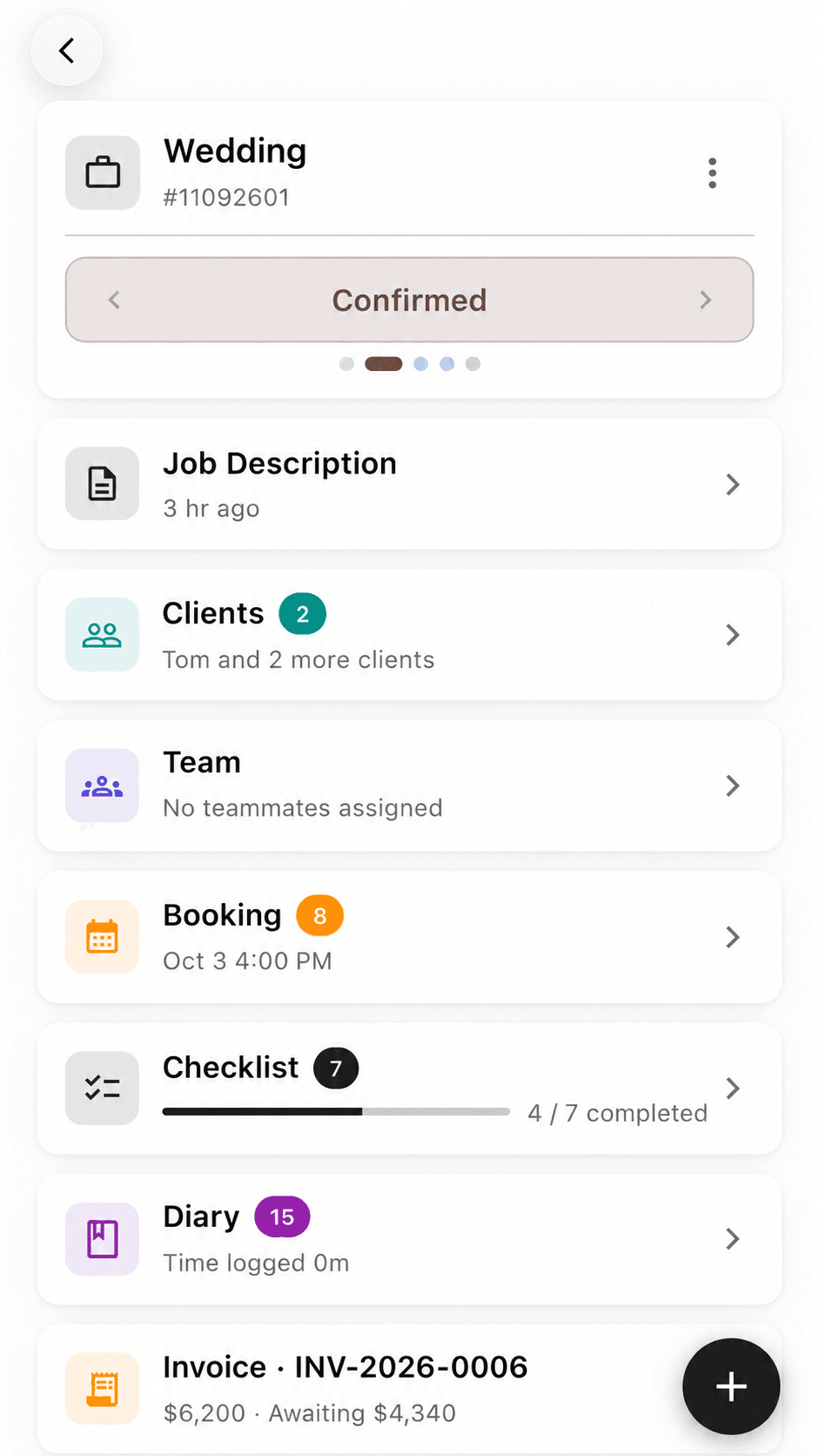 A wedding job showing clients, booking, checklist, diary and invoice