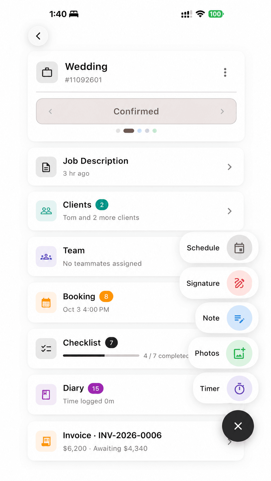 On-site tools: photos, signature, note, timer, schedule