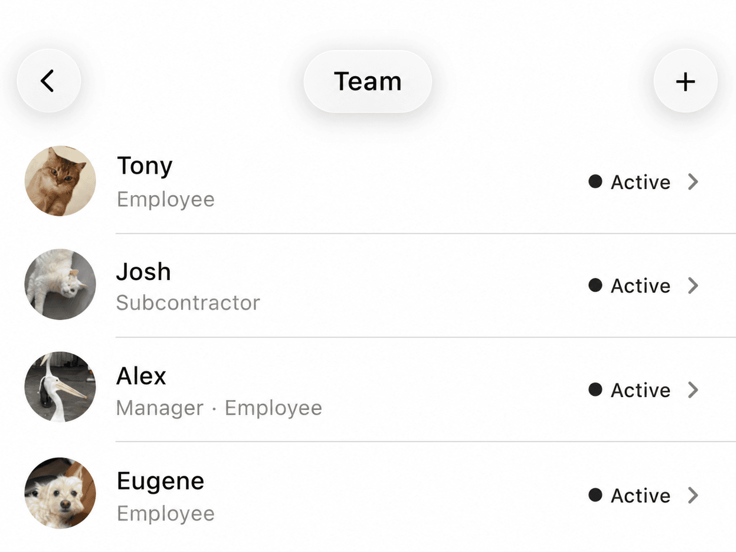 Your team roster: employees, subcontractors and managers, all active